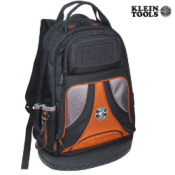 Klein Tools Tradesman Pro 55467-4 Organizer Backpack, 39 Pockets, Zipper, 1680D Ballistic Polyester (Body), Polypropylene (Bottom), 20" Height, 7" Width, 14-2/5" Depth, Black/Grey (Exterior), Orange (Interior)