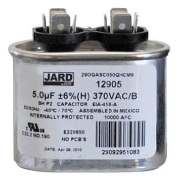 Jard® by Mars® 12905 Capacitor, 5 uF MFD, 370 V, Oval, Single Run Capacitor, 2.06 in Dia, 2 in H, 2.06 in W, 1.21 in D