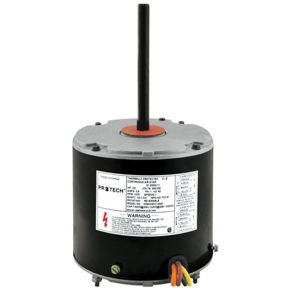PROTECH™ 51-23052-11 Condenser Fan Motor, 208/230 V, 2.9 A at 230 V, 1/2 hp, 1075 rpm Speed, 1 ph, 60 Hz, 48 Frame