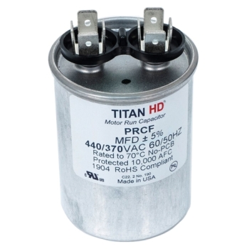 TITAN HD® PRCF10A Run Capacitor, 10 uF MFD, 370/440 V, Round, 2.1 in Dia, 3-1/4 in H, Aluminum, 2.1 in W, 50/60 Hz