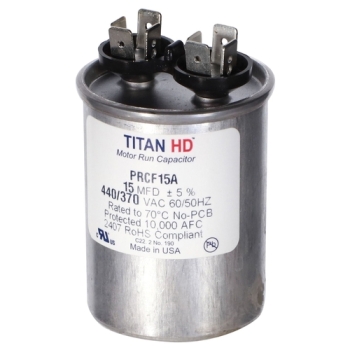 TITAN HD® PRCF15A Run Capacitor, 15 uF MFD, 370/440 V, Round, 2.1 in Dia, 3-1/4 in H, Aluminum, 2.1 in W, 50/60 Hz