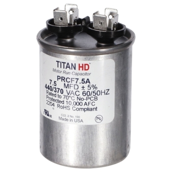 TITAN HD® PRCF7.5A Run Capacitor, 7.5 uF MFD, 370/440 V, Round, 2.1 in Dia, 3-1/4 in H, Aluminum, 2.1 in W, 50/60 Hz