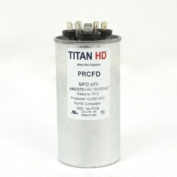 TITAN HD® PRCFD4510A Run Capacitor, 45 + 10 uF MFD, 370/440 V, Round, Dual Capacitor, 2-1/4 in Dia, 4-5/8 in H