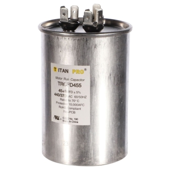 TITAN PRO® TRCFD455 Run Capacitor, 45 + 5 uF MFD, 370/440 V, Round, Dual Capacitor, 2-1/2 in Dia, 3.74 in H, Aluminum