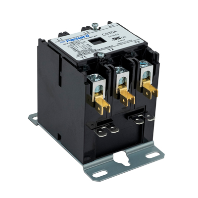 Packard C340A Definite Purpose Contactor, 3 Pole, 40 A (Inductive, 600 VAC), 50 A (Resistive, 600 VAC) Contact Rating, 24 VAC, 600 VAC, 240 A (240/277 V), 200 A (480 V), 160 A (600 V), Box Lug, Spade Terminal Connection Type, Foot Mount