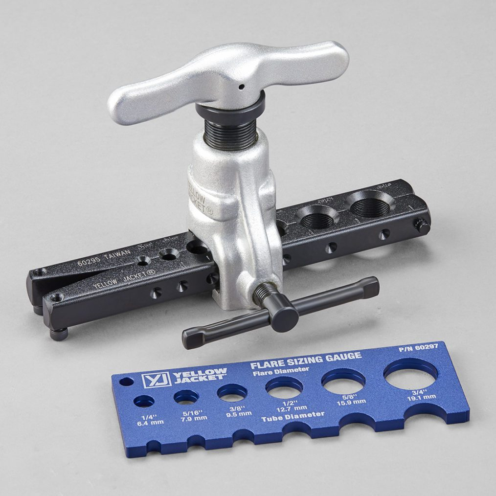 Yellow Jacket 60295 Eccentric Cone Flaring Tool, 3/16"-3/4" (OD) Nominal Capacity, 45 Degrees Flare Angle, Soft Copper, Aluminum, Eccentric Cone, Feed Screw, Steel (Flaring Bars), Hardened Steel (Cone), Heat-Treated Steel