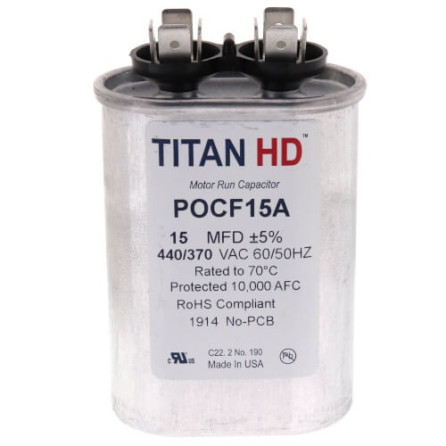 DiversiTech® POCF Series POCF15A Motor Single Run Capacitor, MFD Rating: 15 uF, 370/440 VAC, Oval, 2.88 in H, 2 in W