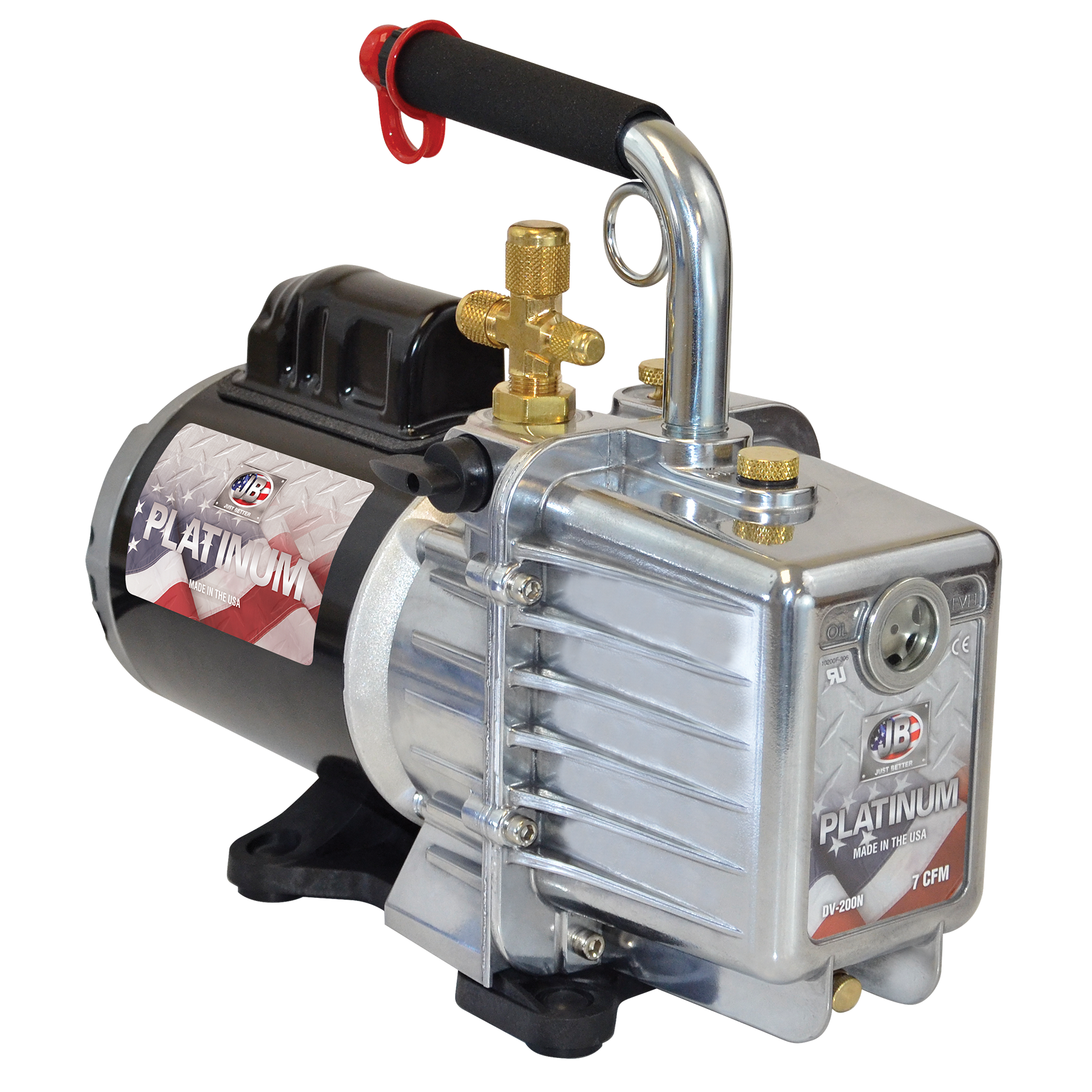 JB Industries PLATINUM -250SP DV-200N-250SP Spark-Proof Vacuum Pump, 7 CFM, 15 Microns Maximum Vacuum, 1/2 HP, 115 V / 230 V, Two Stage, Direct Drive, Capacitor Start, Spark-Proof, Dual Voltage, Thermal Overload Protection, 1/4" Male Flare, 3/8" Male Flare, 1/2" Male Flare (Intake Tee) Connection Size, 6-15P Plug Type
