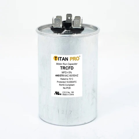TITAN PRO® TRCFD4575 Run Capacitor, 45 + 7.5 uF MFD, 370/440 V, Round, Dual Capacitor, 2-1/2 in Dia, 3.74 in H