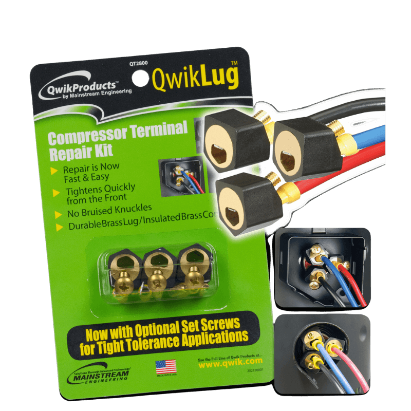 Mainstream Engineering QwikLug QT2810 Compressor Terminal Repair Kit, 10 AWG (Wire Gauge), 2' (Lead Length) Size, Push-On, Screw-On Mounting Type, 30 A (Max), Brass (Connector), Nylon (Housing), 50 Hz, 60 Hz, 7" L x 10" H x 1-1/2" W Dimensions