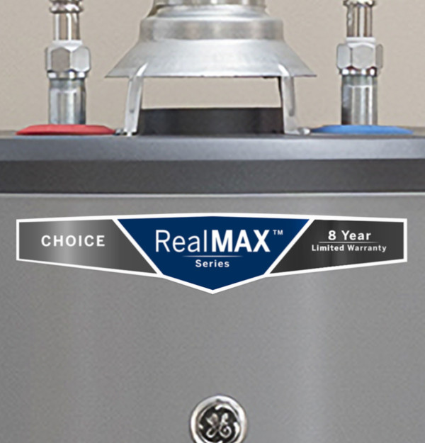 General Electric RealMAX Choice GG50T08BXR Tall Natural Gas Water Heater, 50 Gallons Capacity, 40,000 BTU/hr, Natural Gas, 82 GPH First Hour Delivery, 41.6 GPH (At 90Â°F Rise) Recovery Rate, 0.64 UEF, No Energy Star Compliant