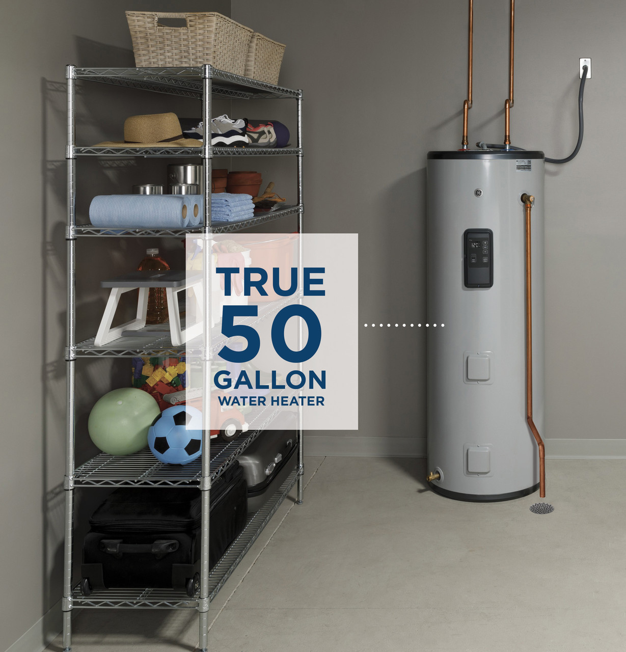 General Electric Smart GE50T12BLM Tall Electric Water Heater, 50 Gallons, 240 V, 5,500 W (Upper), 5,500 W (Lower), 0.93 UEF, 78 Gallons First Hour Delivery, 2 Elements, Low Density Stainless Steel Element Type