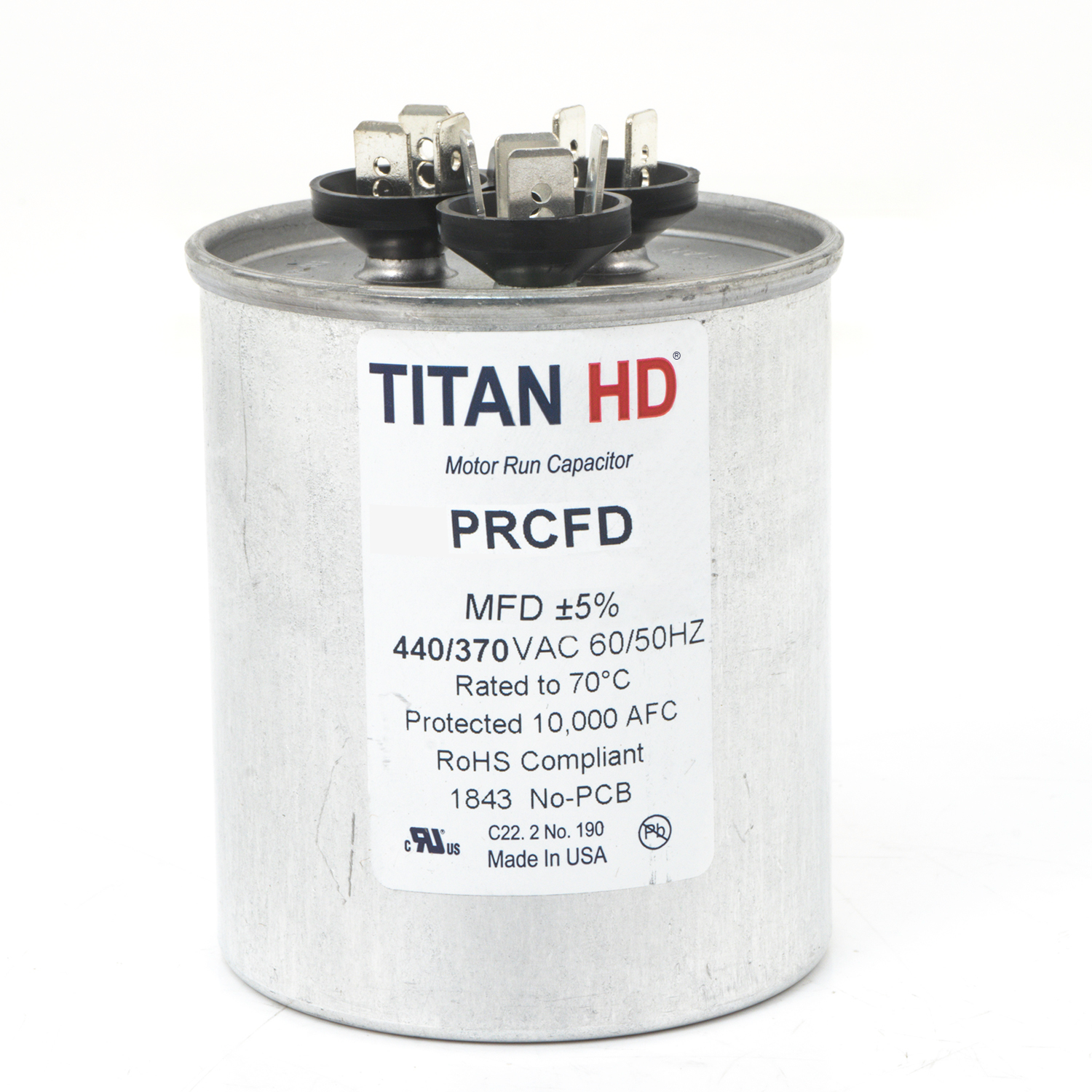 Packard Titan HD PRCFD5575A Dual Motor Run Capacitor, 55/7.5 MFD, 440/370 VAC, Round, 2 Number Of Sections, 3.88" Overall Height, 2-1/2" Diameter, Aluminum (Case), Steel (Cover) Housing Material