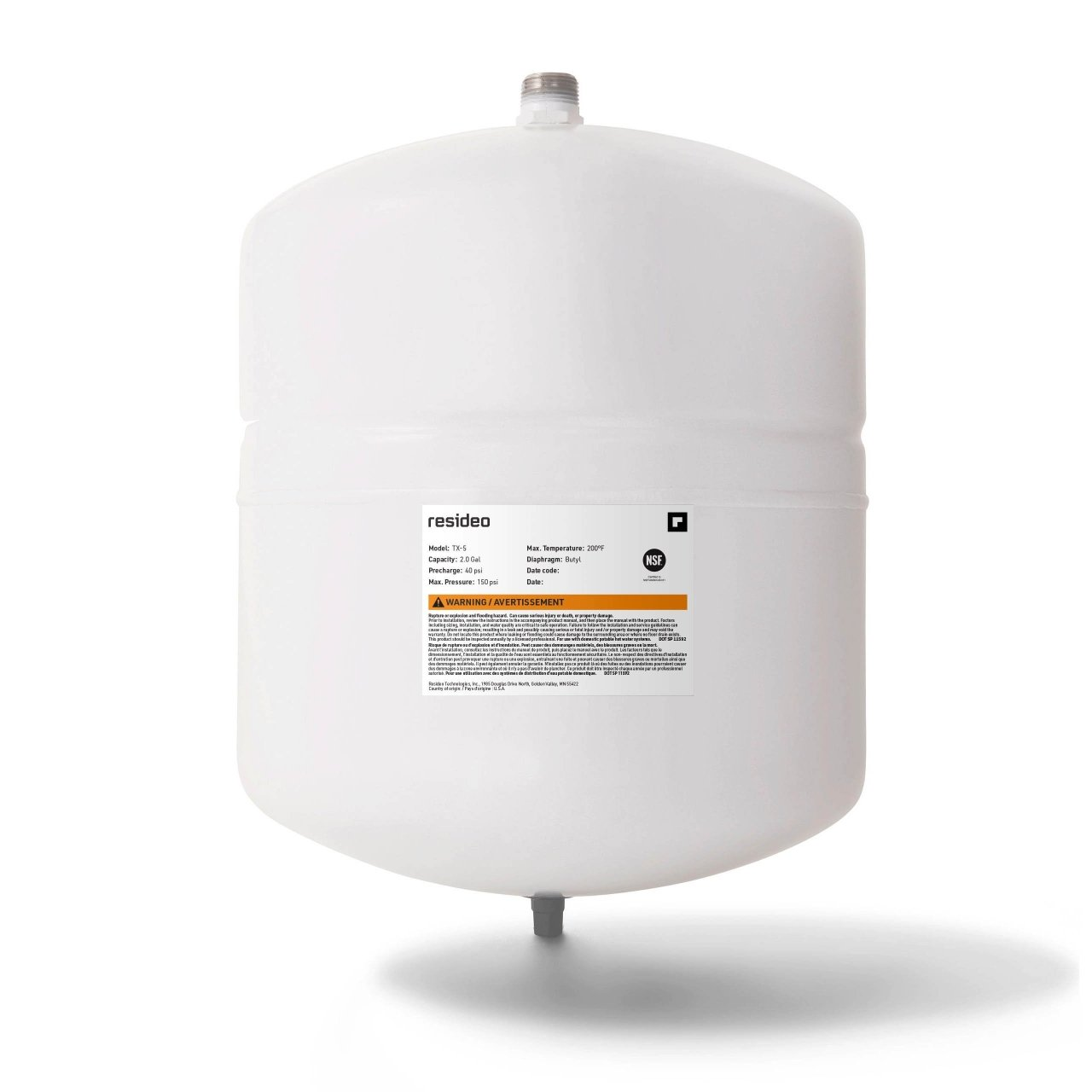 Resideo TX Series TX-5 Expansion Tank, 2 Gallons Capacity, MNPT Connection, 3/4" Connection Size, 150 PSI, 200 Â°F (Maximum) Temperature Rating, Butyl/EPDM Compound, Steel (Shell), Polypropylene (Liner), Brass (Connection)