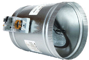 EWC Controls URD Series Round Motorized Damper, 6" Diam Opening Size, Round, 24 VAC, 110 CFM, Slip-In, Duct Mount, 1.5 In. Wc. (Static, Max) Pressure Rating, Power Open/Power Close, Three-Wire