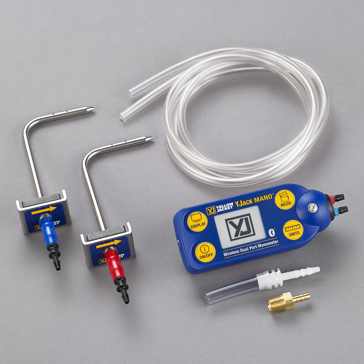 Yellow Jacket YJACK 67068 Wireless Dual Port Manometer, +/- 80 In. Wc. Measuring Range, Â± 0.03 In. W.c. (0-2 In. W.c.), Â± 1.5% FS (2-80 In. W.c.) Accuracy, 0.01 In. Wc. Resolution, Barb (For 1/8" ID Tubing), 1/8" NPT Adapter, Slide Gas Adapter, Graphical, App-Based, Battery, â‰¤280 Hrs (With Power-Saving Mode) Battery Life