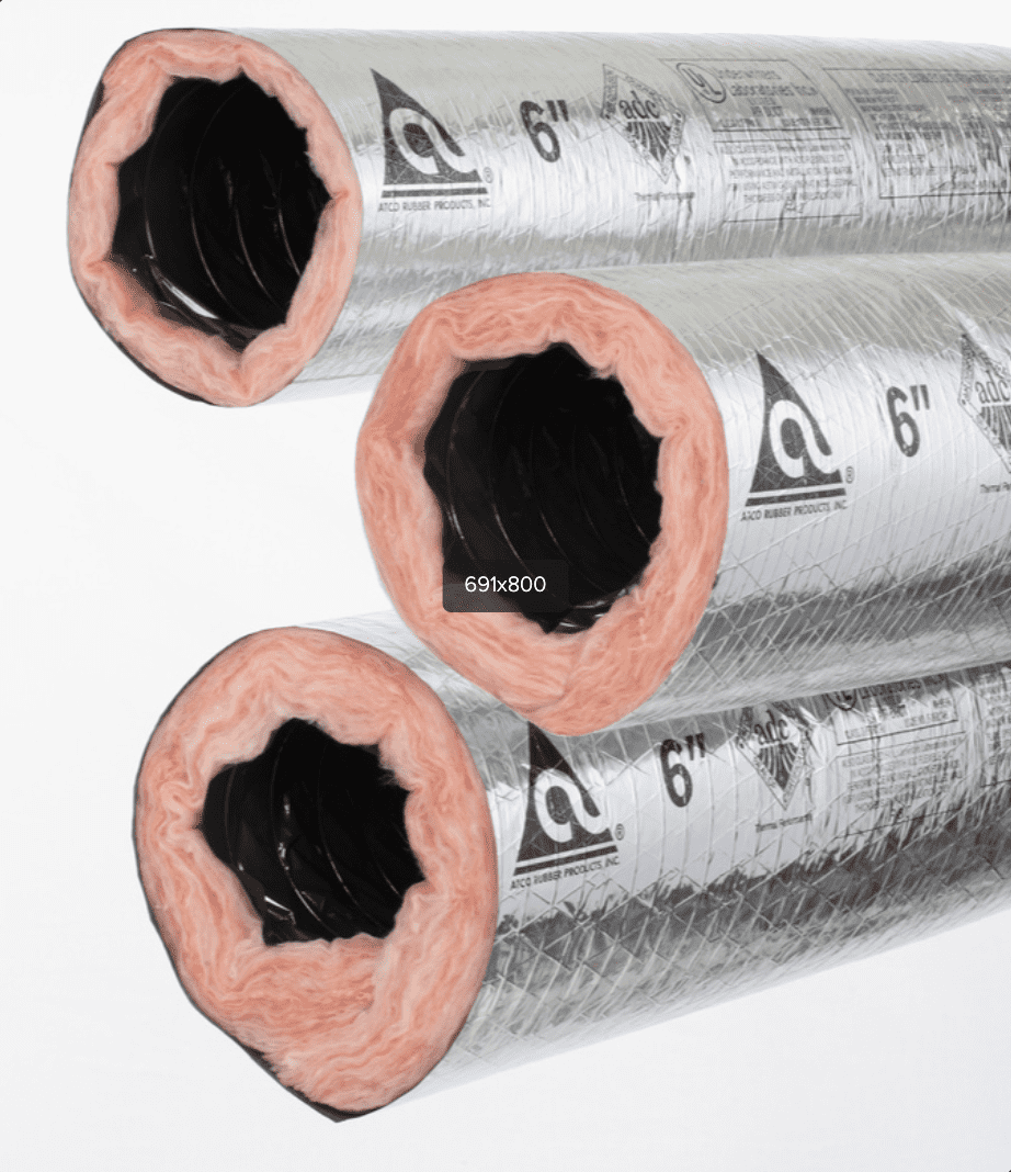 Atco #031 Series 13102406 Insulated Flexible Duct, 6" Duct Size, 300" Length, 8 R-Value, Plain End Connection, Round, Polyester/Steel (Inner Core), Fiberglass (Insulation), Metallized Polyester/Fiberglass (Jacket), 6 In. Wc. (Positive), 1 In. Wc. (Negative) Pressure Rating