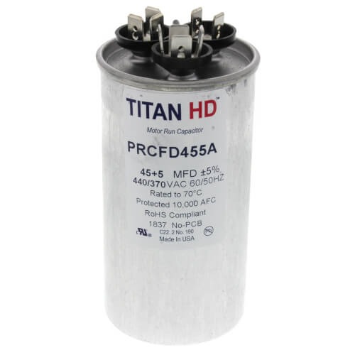 DiversiTech® PRCFD Series PRCFD455A Motor Dual Run Capacitor, MFD Rating: 45+5 uF, 440 VAC, Round, 2 in Dia, 3.88 in H