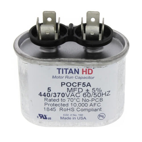 DiversiTech® POCF Series POCF5A Motor Single Run Capacitor, MFD Rating: 5 uF, 370/440 VAC, Oval, 1.56 in H, 2 in W