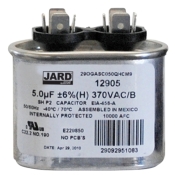 Jard® by Mars® 12905 Capacitor, 5 uF MFD, 370 V, Oval, Single Run Capacitor, 2.06 in Dia, 2 in H, 2.06 in W, 1.21 in D