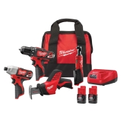 Milwaukee® M12™ 2497-24H Cordless 4-Tool Combo Kit, Battery, Lithium-Ion, 8 -Piece, 3/8 in Chuck, Black/Red