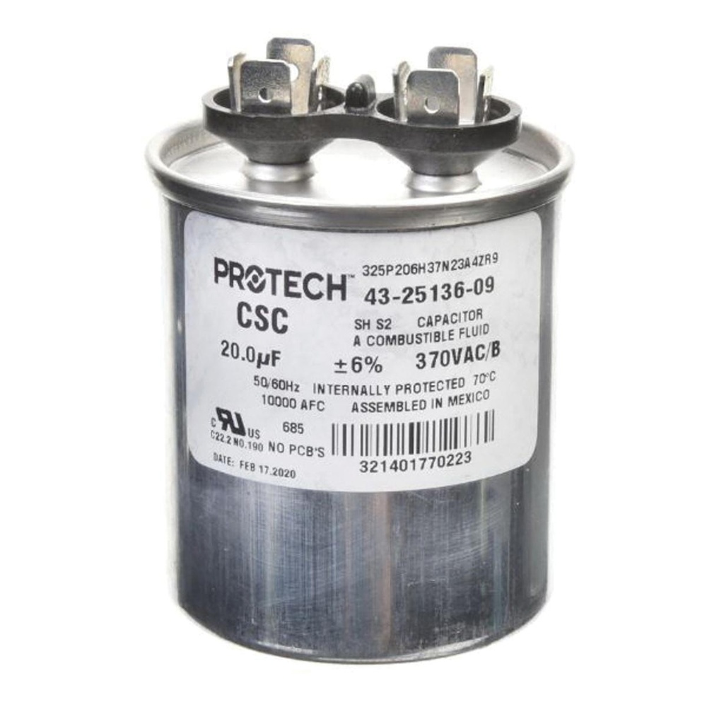 PROTECH™ 43-25136-09 Single Capacitor, MFD Rating: 20 uF, 370 VAC, Round, 2.12 in Dia, 2 in W