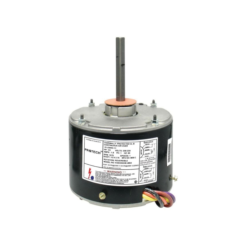PROTECH™ 51-23053-11 Condenser Motor, 208 to 230 V, 1.75 A, 1/3 hp, 1075 rpm Speed, 1 ph, 60 Hz, 48 Frame