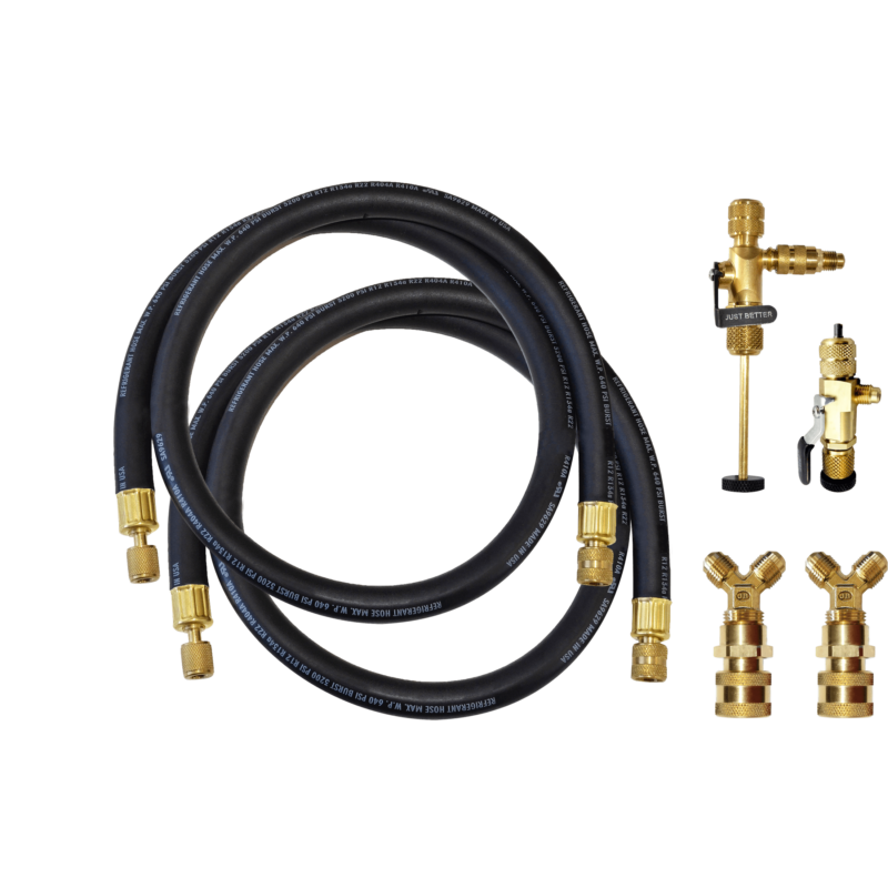 JB Industries ACCELERATOR VL-200 Rapid Evacuation Kit, SAE Female Swivel, 3/8" x 1/4" SAE Connection Size, A2L Compatible, 48" (Hose), 14" (Overall Kit) Length, 2 Hoses, 640 PSI (Working Pressure), 3,200 PSI (Burst Pressure), Straight Angle