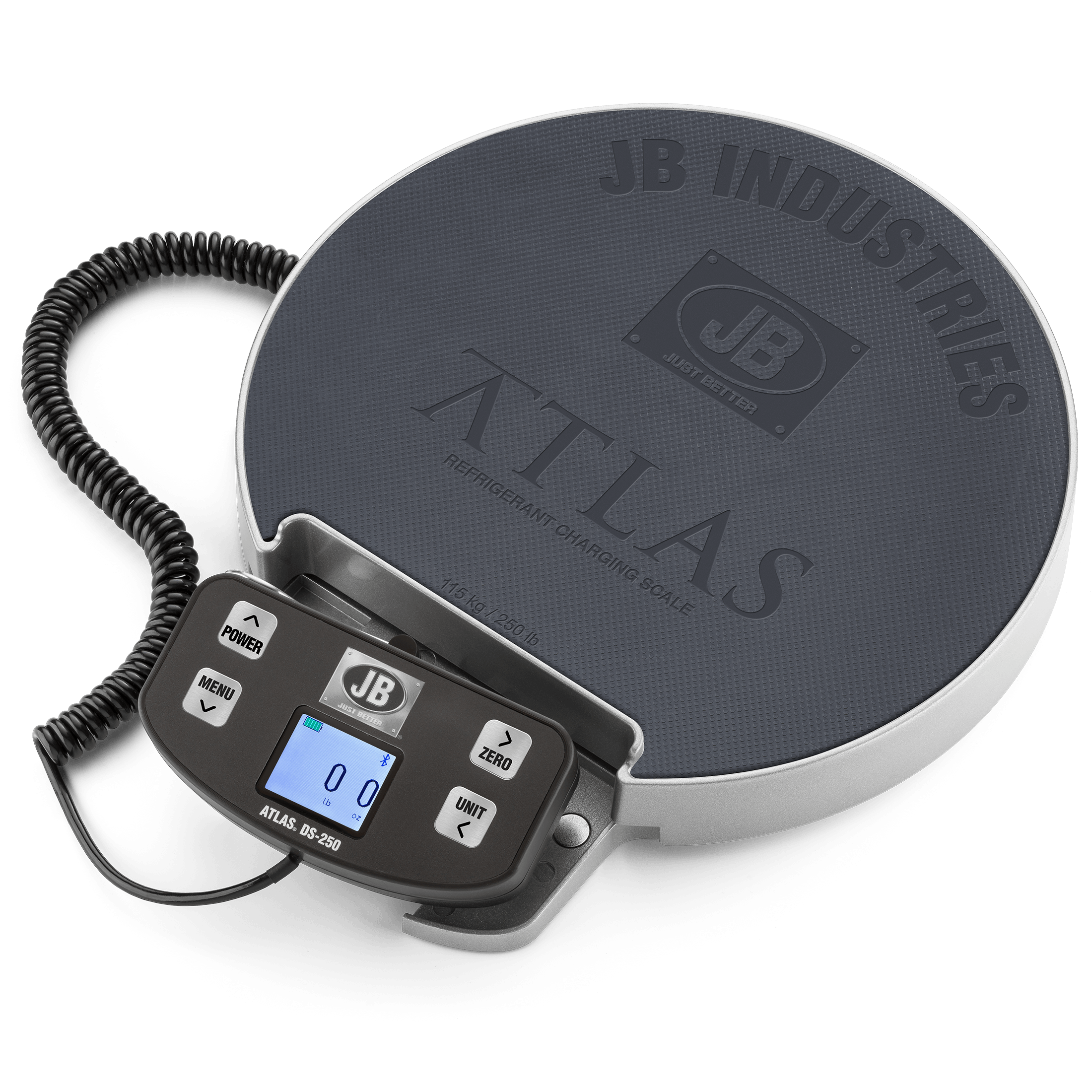 JB Industries ATLAS DS-250 Wireless Digital Refrigerant Scale, 250 lbs Capacity, +/- 0.3% RDG, 0.25 Oz Resolution, Wireless (Bluetooth), Wired Handset, Battery (AA X4), 58 Hrs, Color LCD (Wired Handset)