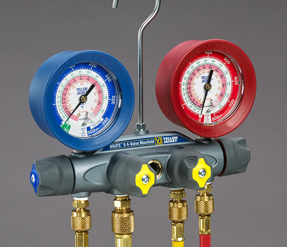 Yellow Jacket BRUTE II 46014 4-Valve A2L Manifold, 1 Pcs (Manifold Only), 1% FS (Class 1) Accuracy, 1/4" Flare End Connection, Forged Aluminum Alloy (Body), Steel (Gauge Case), Nylon (Seats), Red/Blue (Handles & Gauges)