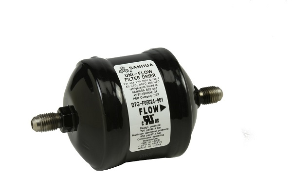 Sanhua DTG Series FD-083-S Filter Drier, ODF Connection, 3/8" Connection Size, 8 Cu. In., 3.8 Tons (R-22), 6.4 Tons (R-290), 5.5 Tons (R-507), 4.9 Tons (R-134a), 4.9 Tons (R-404A), 5.2 Tons (R-407C), 4.8 Tons (R-410A), 20 Microns Micron Rating, R-22, R-134A, R-290, R-404A, R-407C, R-410A, R-507, 714.7 PSI