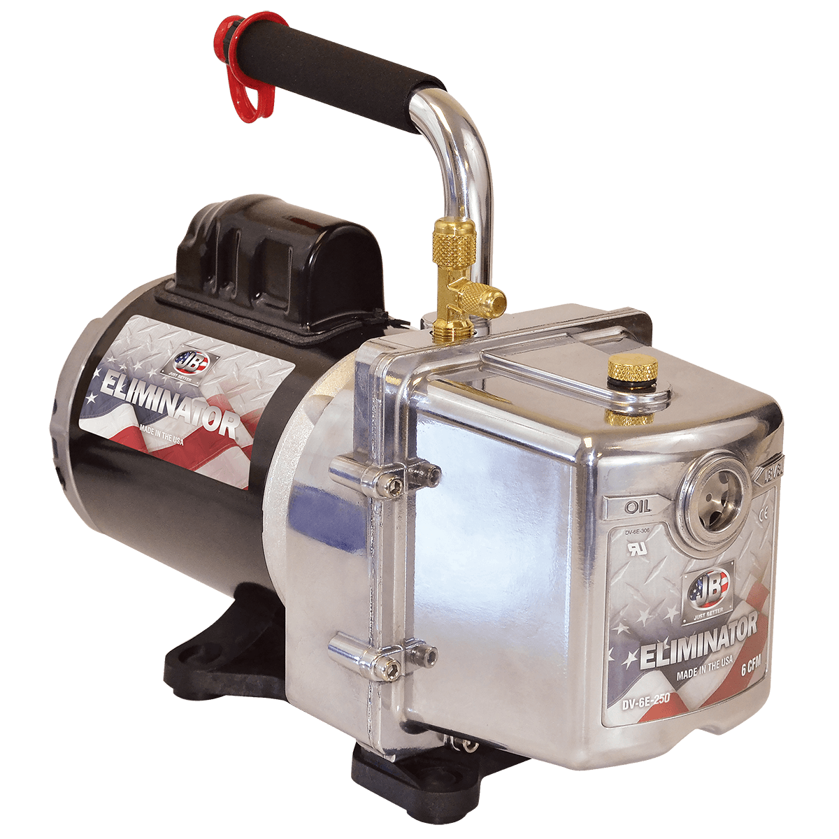 JB Industries ELIMINATOR DV-6E-DC Vacuum Pump, 6 CFM, 25 Microns Maximum Vacuum, 1/2 HP, 115 V / 230 V, DC, 1/4" x 3/8" Connection Size, 21 Oz Oil Capacity