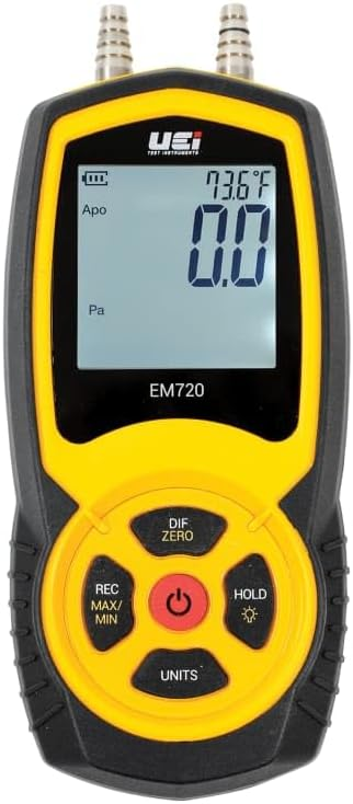 UEi Test Instruments EM720 Hi-Res Differential Manometer, +/- 80 In. Wc. Measuring Range, Â± 0.03 In. W.c. (< 3 In. W.c.), +1% RDG (> 3 In. W.c.) Accuracy, 0.001 In. Wc. (-9.999 In. Wc. - +9.999 In. Wc.), 0.01 In. Wc. (< -10 In. Wc., > +10 In. Wc.) Resolution, Input Port (Flexible Tubing), Gas Valve Adapter (BF102), LCD (Backlit), Battery, AA Battery