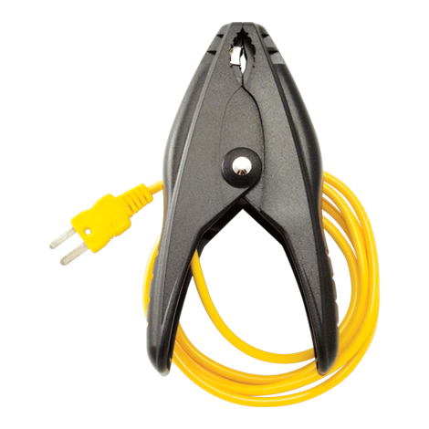 Fieldpiece Instruments ATC1R Pipe Clamp Thermocouple, Type K, -50-257 Â°F, K-Type Thermocouple, Male Mini Plug, 1/8" - 3/4" (Pipe Diameter, OD) Jaw Size, Â± 4Â°F (General), Â± 1Â°F (After Field Calibration, 32-176Â°F), Nickel Chromium/Nickel Aluminum (Conductors), Steel (Body), Black, Yellow