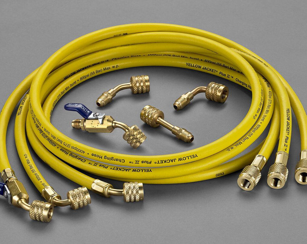 Yellow Jacket PLUS II 30460 A2L Charging Hose, 1/4" Left Hand Female SAE Flare x 1/4" Right Hand Female SAE Flare, Ball Valve, R-32, R-454B (A2L Compatible), 60" Length, 1 Hoses, 800 PSI (Working), 4,000 PSI (Burst), -20-180 Â°F, 6" Bend Radius