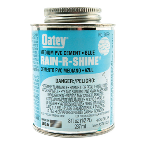 DiversiTech Rain-R-Shine 530-30891 Medium Body PVC Cement, PVC, PVC (Up To 6" Diameter With Interference Fit), 8 Oz Net Content, Medium Body (Min. 500 Cps @ 73Â°F Â± 2Â°F) Viscosity, 1-2 Mins (70Â°F-90Â°F), 3-4 Mins (50Â°F-70Â°F), 4-5 Mins (30Â°F-50Â°F) Setting Time, 40-110 Â°F (Application), â‰¤510 g/L VOC Content