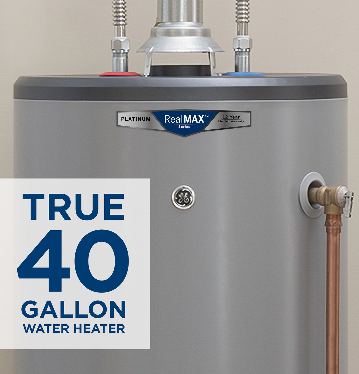 General Electric RealMAX Platinum GP40T12BXR Tall LP Water Heater, 40 Gallons Capacity, 36,000 BTU/hr, Propane (LP), 84 GPH First Hour Delivery, 37.4 GPH (At 90Â°F Rise) Recovery Rate, 0.64 UEF, No Energy Star Compliant