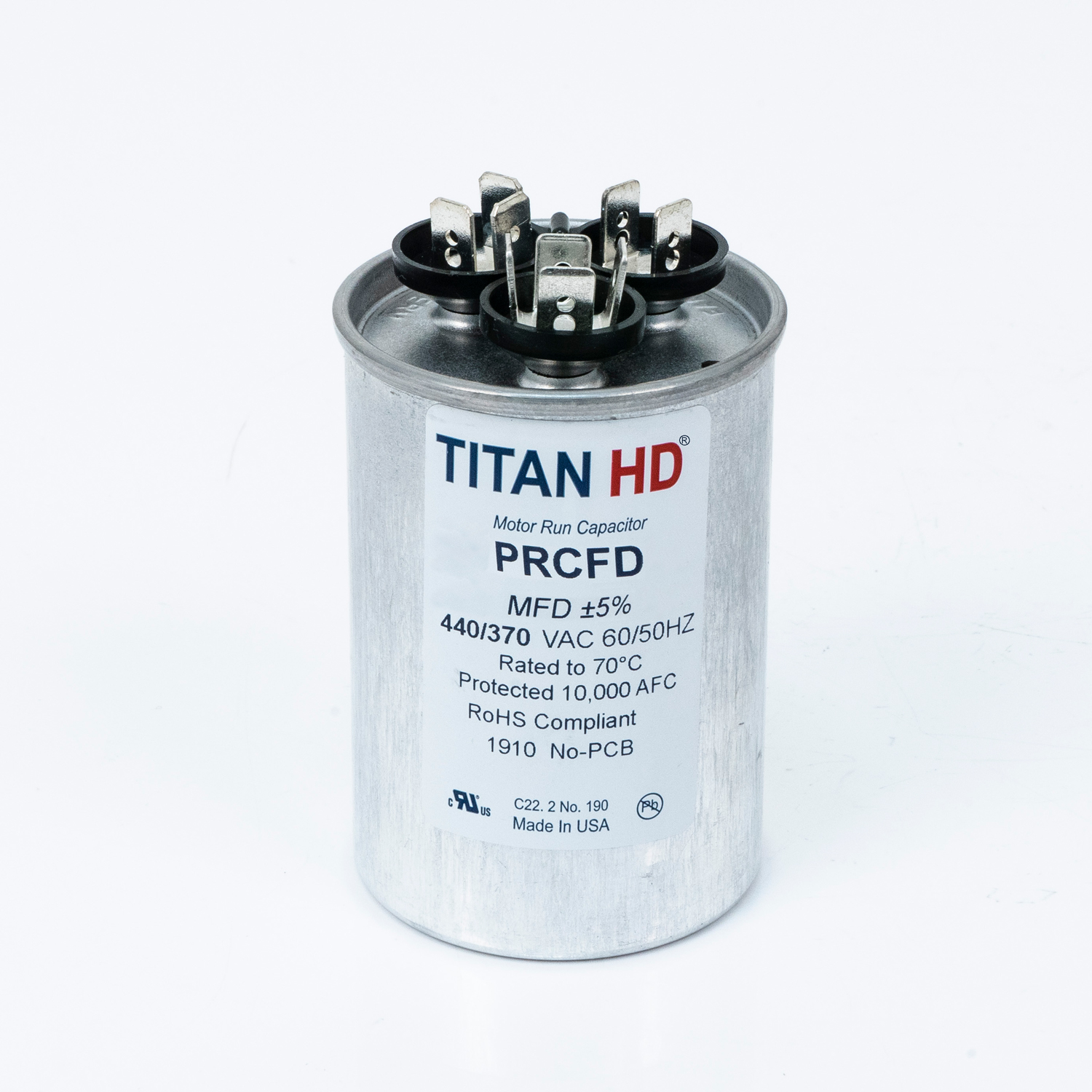 Packard Titan HD PRCFD305A Dual Motor Run Capacitor, 30/5 MFD, 440/370 VAC, Round, 2 Number Of Sections, 3-13/32" Overall Height, 2" Diameter, Aluminum (Case), Steel (Cover) Housing Material