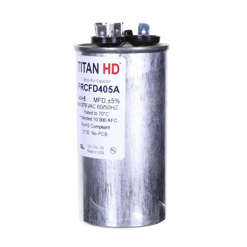 Packard Titan HD PRCFD405A Dual Motor Run Capacitor, 40/5 MFD, 440/370 VAC, Round, 2 Number Of Sections, 4-11/32" Overall Height, 2" Diameter, Aluminum (Case), Steel (Cover) Housing Material