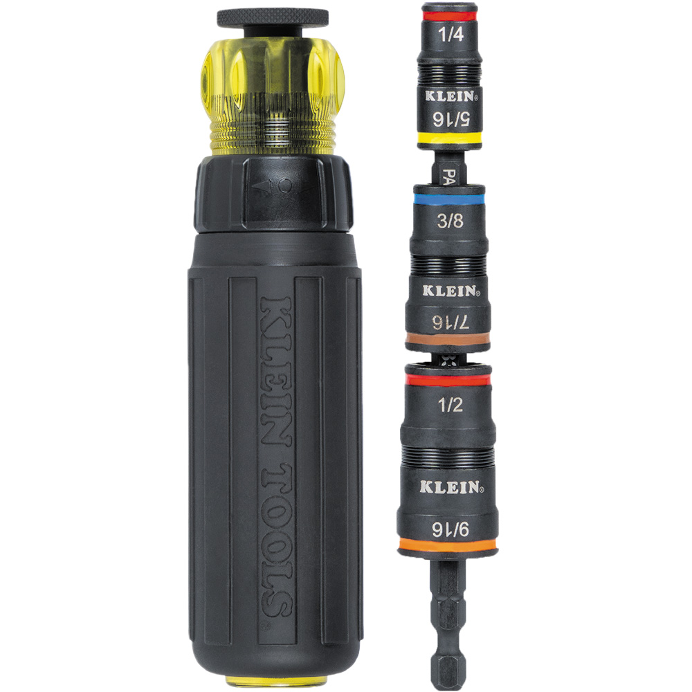 Klein Tools 7-in-1 Impact Rated Flip Socket Set 32910RCHT 7-in-1 Impact Flip Socket with Ratcheting Handle, 1/4 Inch Drive Size, SAE, 1/4", 5/16", 3/8", 7/16", 1/2", 9/16" Socket Size, 6 Pcs, Impact Rated, Hex, 6 Points