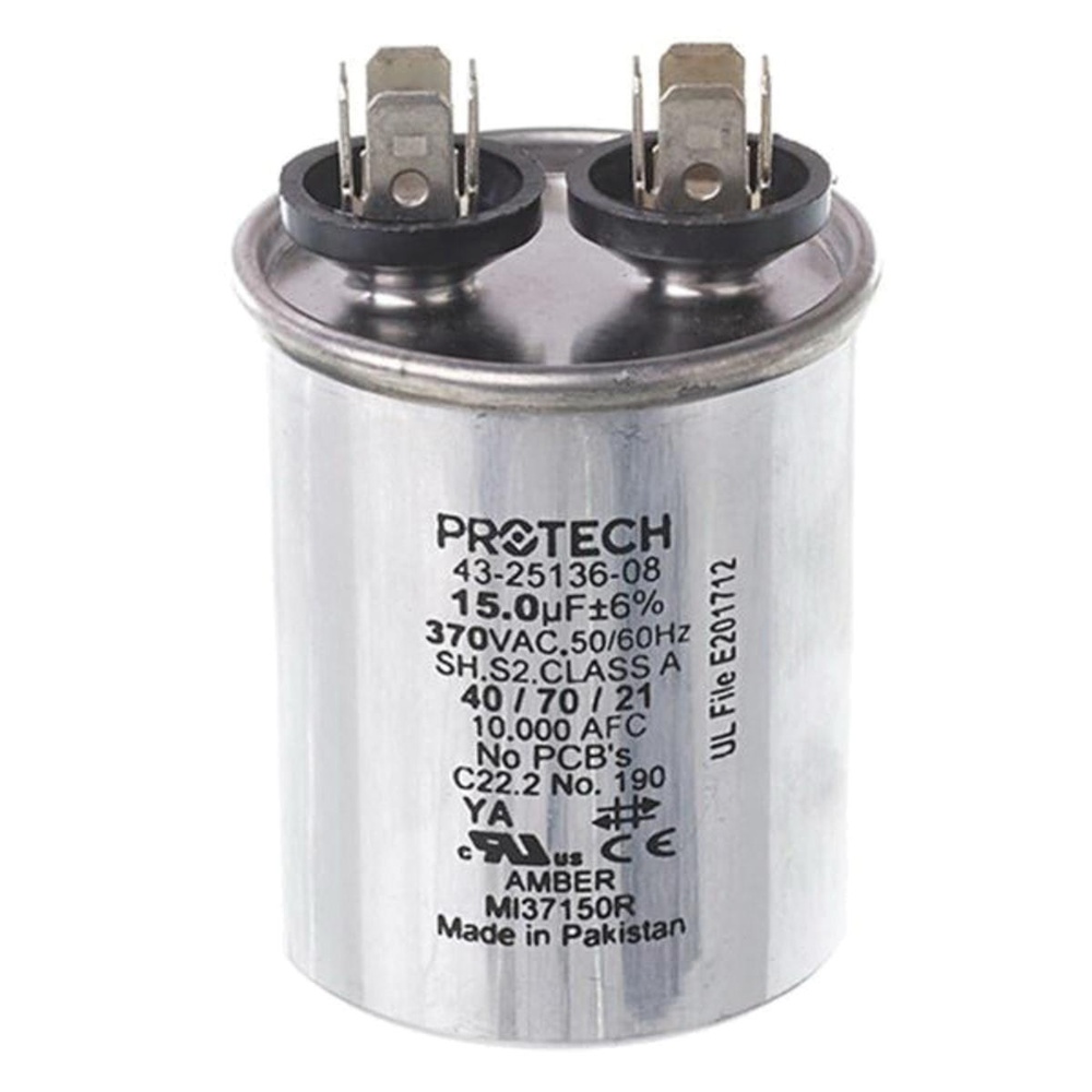 PROTECH™ 43-25136-08 Single Capacitor, MFD Rating: 15 uF, 370 VAC, Round, 1.89 in Dia, 1.77 in W