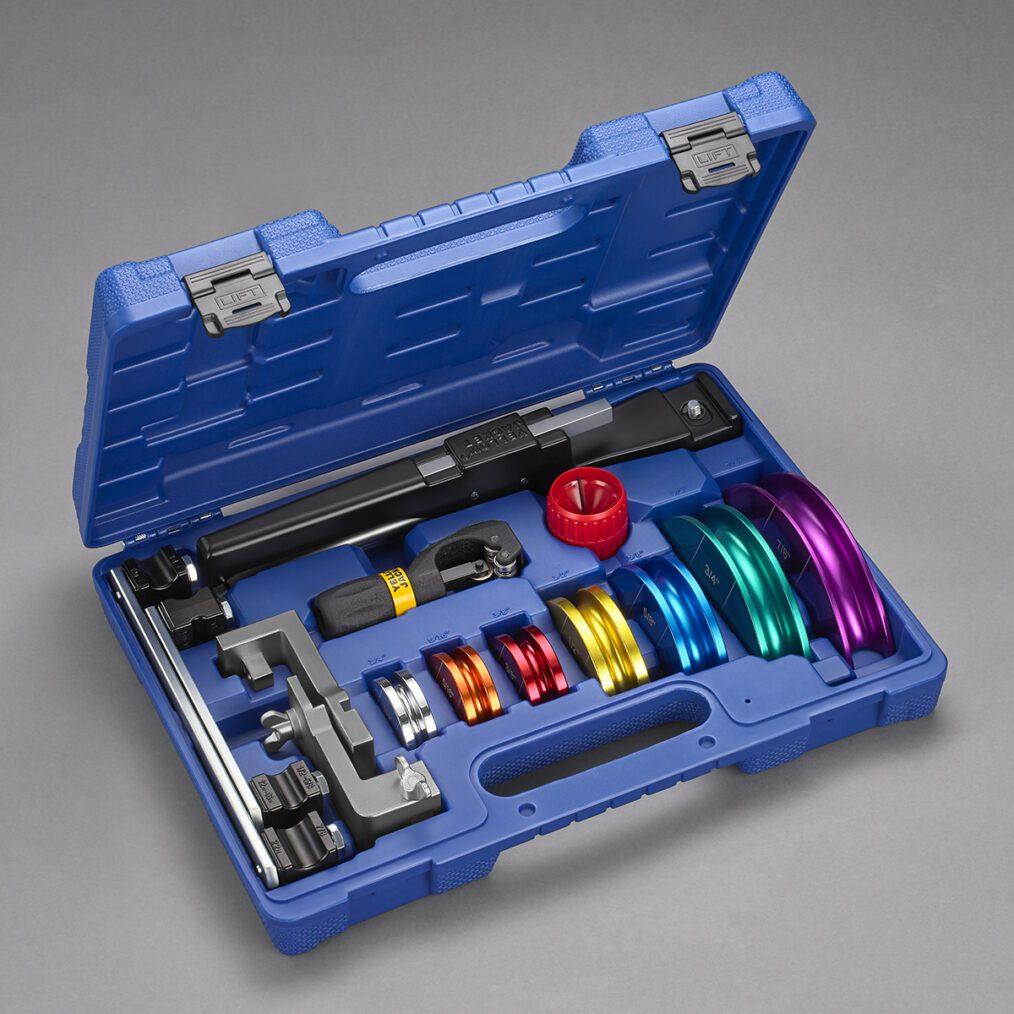 Yellow Jacket 63331 Alloy Ratchet Hand Bender Kit, 1/4", 5/16", 3/8", 1/2", 5/8", 3/4", 7/8" Outside Diameter, Soft Copper, Aluminum, Light Wall Hydraulic Tubing, Ratchet Handle, 1" (1/4" OD), 1-1/8" (5/16" OD), 1-1/4" (3/8" OD), 1-1/2" (1/2" OD), 1-1/2" (5/8" OD), 1-3/4" (3/4" OD), 2" (7/8" OD) Bend Radius, Alloy (Bender), Plastic (Case), 0-90 Degrees Bend Angle, 17-3/10" Overall Length