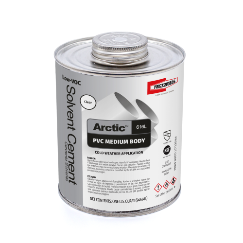 RectorSeal Arctic 616L 55948 PVC Solvent Cement, PVC, PVC (Pipe/Socket Fittings, Up To 6" Sch 40, Up To 1-1/4" Sch 80), 1 Qt Net Content, Medium Body Viscosity, Fast Set Setting Time, 0-120 Â°F, 510 g/L VOC Content