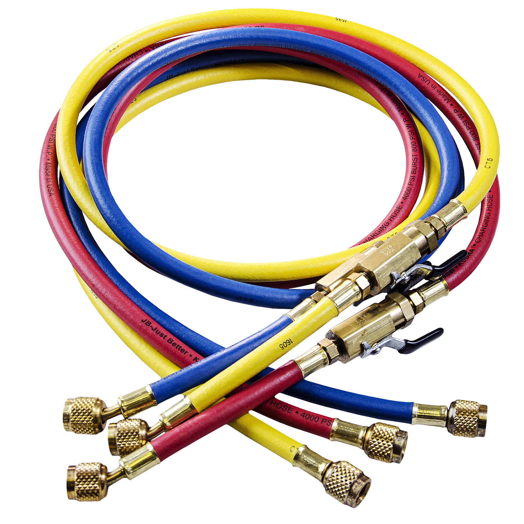 JB Industries CLBV Series KOBRA CCLBV-A2L-60 Ball Valve Hose Set, Ball Valve, A2L Fitting, 1/4" x 1/4" Connection Size, R-32, R-454B (A2L Compatible), 60" Length, 3 Hoses, 800 PSI (Working), 4,000 PSI (Burst), Brass