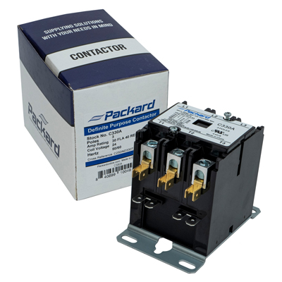 Packard C340A Definite Purpose Contactor, 3 Pole, 40 A (Inductive, 600 VAC), 50 A (Resistive, 600 VAC) Contact Rating, 24 VAC, 600 VAC, 240 A (240/277 V), 200 A (480 V), 160 A (600 V), Box Lug, Spade Terminal Connection Type, Foot Mount
