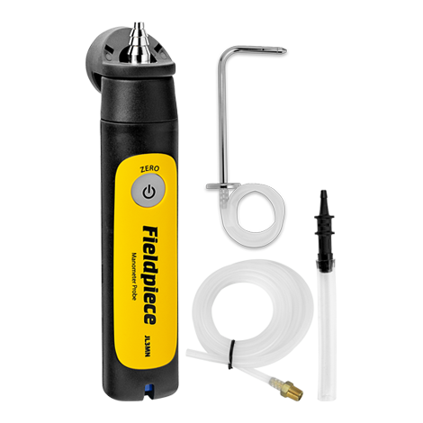 Fieldpiece Instruments JL3MN Single Port Wireless Manometer, +/- 60 In. Wc. Measuring Range, Â± 0.02 In. W.c. (0-2 In. W.c.), Â± 1.5% FS (2-60 In. W.c.), Â± 0.001 PSI (0-0.072 PSI), Â± 1.5% FS (0.072-2.165 PSI) Accuracy, 0.01 In. Wc. Resolution, Tube Connector (Flexible Tubing), 0.177"-0.315" (ID, Tubing) Fitting Size, App-Based (Job Link), Battery