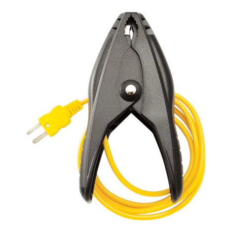 Fieldpiece Instruments ATC1R Pipe Clamp Thermocouple, Type K, -50-257 Â°F, K-Type Thermocouple, Male Mini Plug, 1/8" - 3/4" (Pipe Diameter, OD) Jaw Size, Â± 4Â°F (General), Â± 1Â°F (After Field Calibration, 32-176Â°F), Nickel Chromium/Nickel Aluminum (Conductors), Steel (Body), Black, Yellow