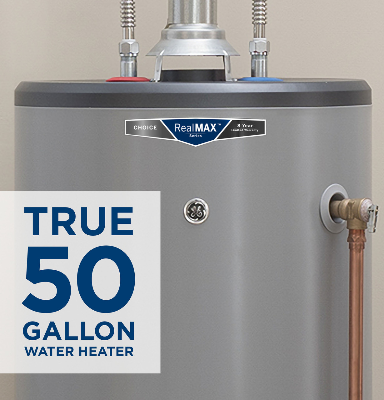 General Electric RealMAX Choice GG50S08BXR Short Natural Gas Water Heater, 50 Gallons Capacity, 40,000 BTU/hr, Natural Gas, 77 GPH First Hour Delivery, 41.6 GPH (At 90Â°F Rise) Recovery Rate, 0.63 UEF, No Energy Star Compliant