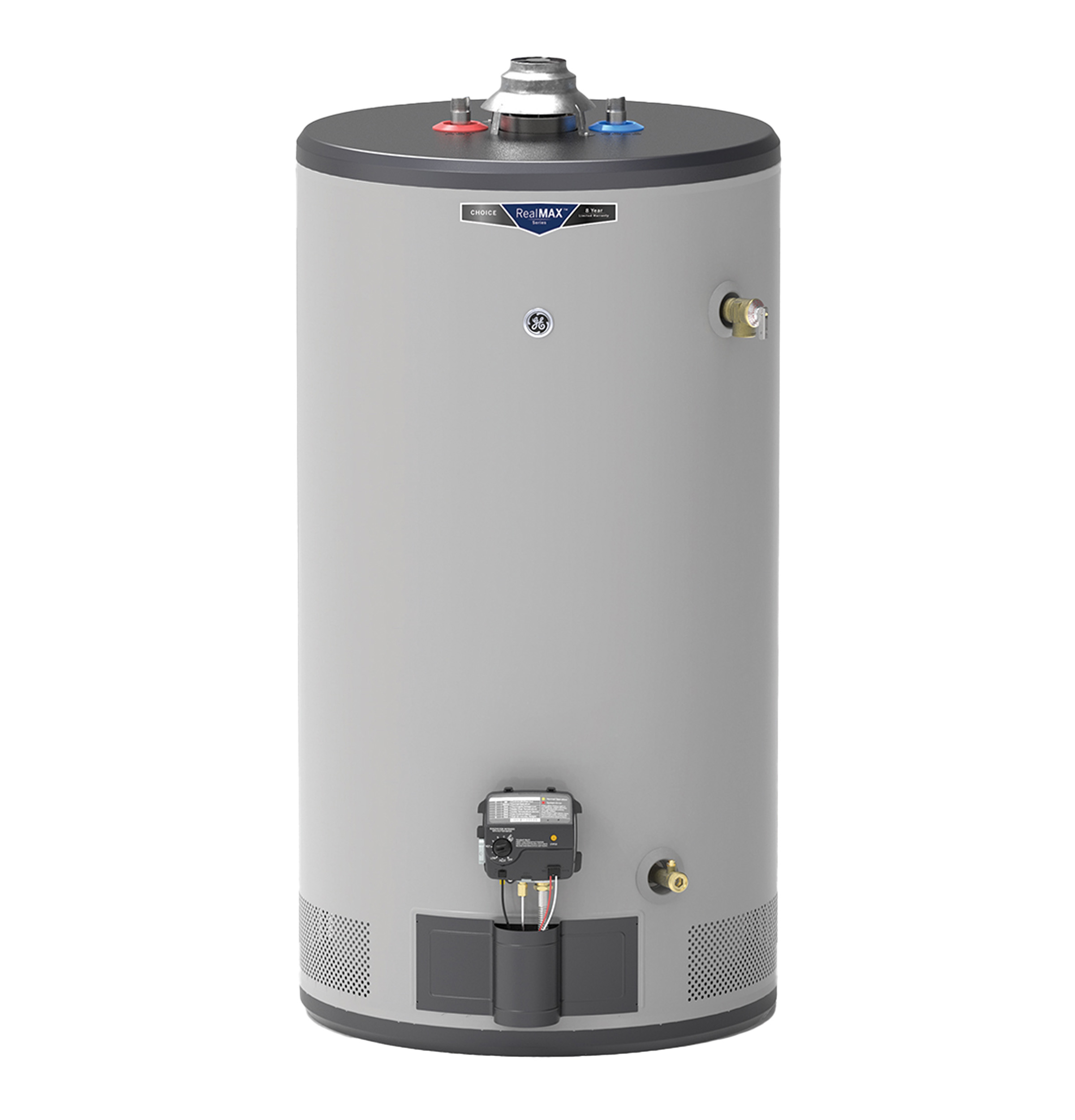 General Electric RealMAX Choice GG50S08BXR Short Natural Gas Water Heater, 50 Gallons Capacity, 40,000 BTU/hr, Natural Gas, 77 GPH First Hour Delivery, 41.6 GPH (At 90Â°F Rise) Recovery Rate, 0.63 UEF, No Energy Star Compliant