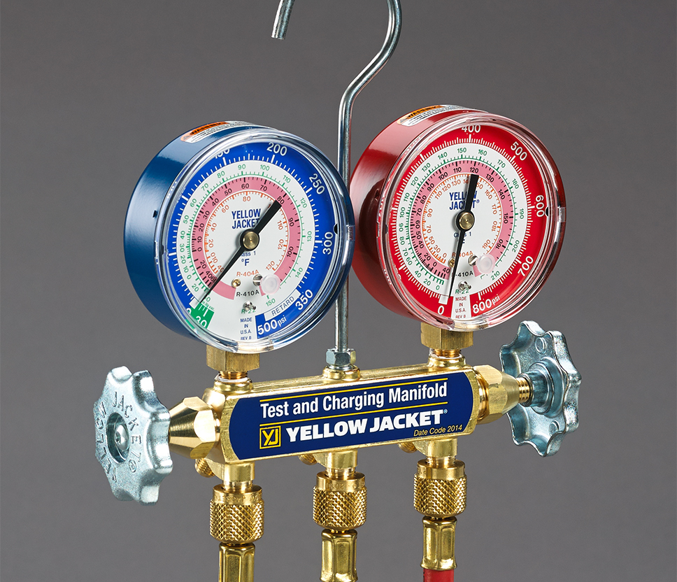 Yellow Jacket Series 41 42004 Manifold Kit, 2 Pcs (Valves), 3 Pcs (Hoses), 0-350 PSI (Low Side), 0-800 PSI (High Side), 1% FS (Class 1) Accuracy, 1/4" Flare End Connection, 4,000 PSI (Hoses) Burst Pressure, Forged Brass (Body), Nylon (Seats), Steel (Gauge Case), Polycarbonate (Gauge Crystal), Metal (Handles), 3-1/2" H x 10-5/8" W x 11-7/8" D Dimensions